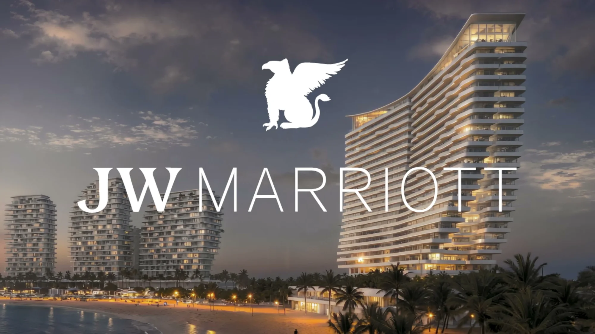Визуализация: Карточка JW Marriott в официальном ролике: изогнутый ступенчатый корпус у лагуны Halfmoon, логотип наложен в ролике